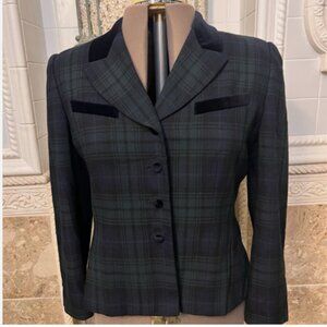 KASPER & COMPANY. Size 14P. Green and Navy Plaid Jacket. Velveteen Trim. DB2